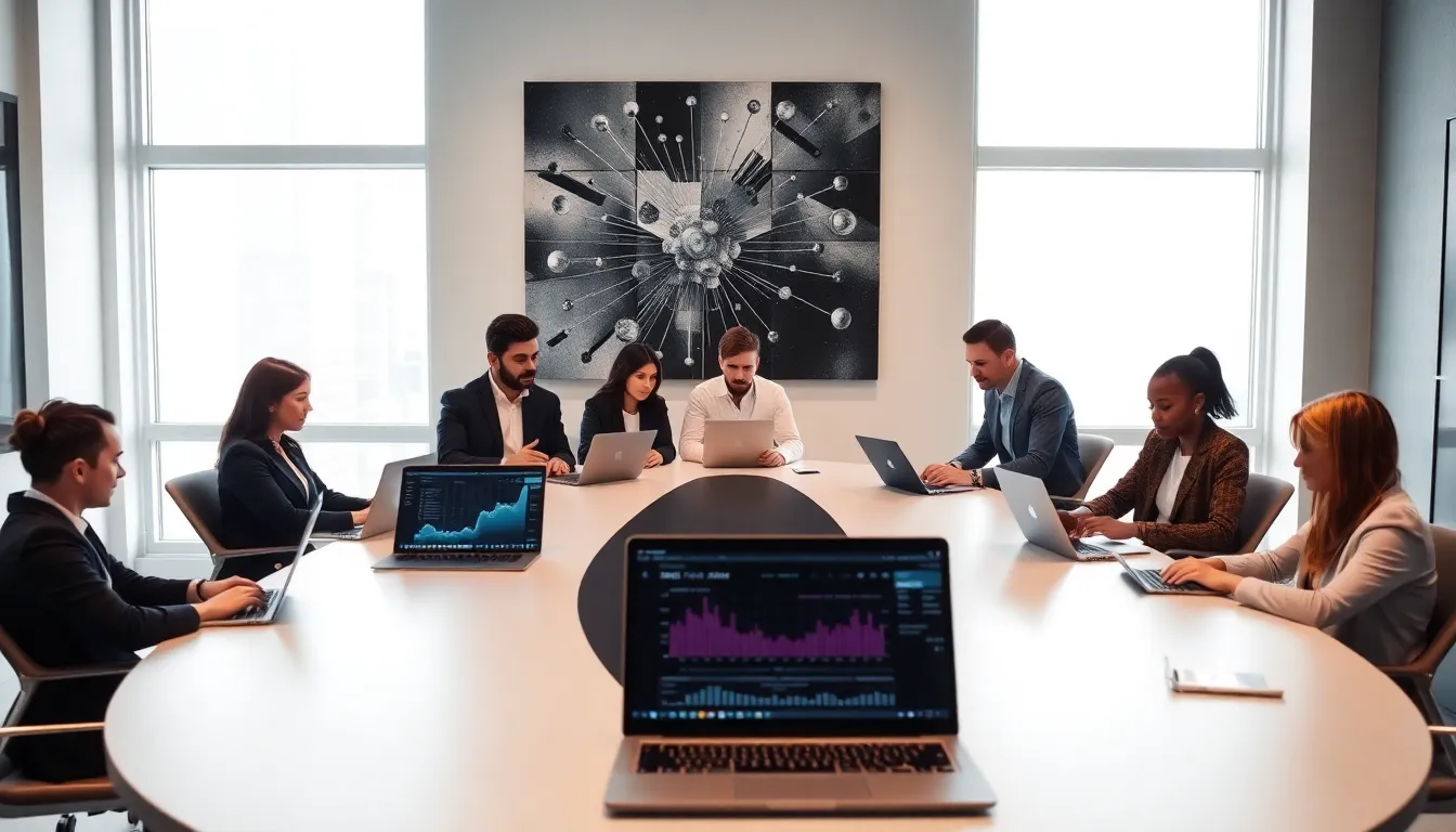 professionals collaborating in a modern office around laptops.